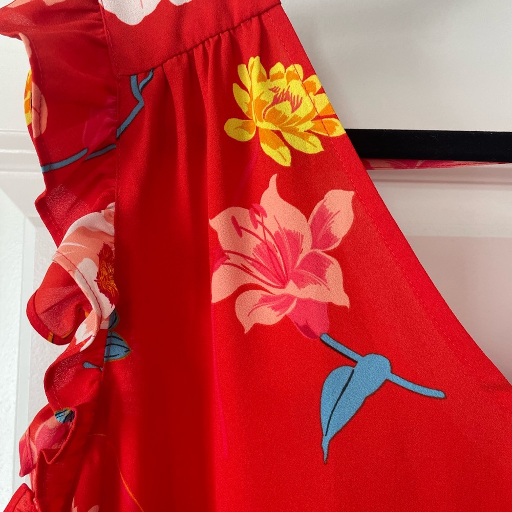 LOFT Red Floral Ruffle Sleeve Blouse - Picture 2 of 7